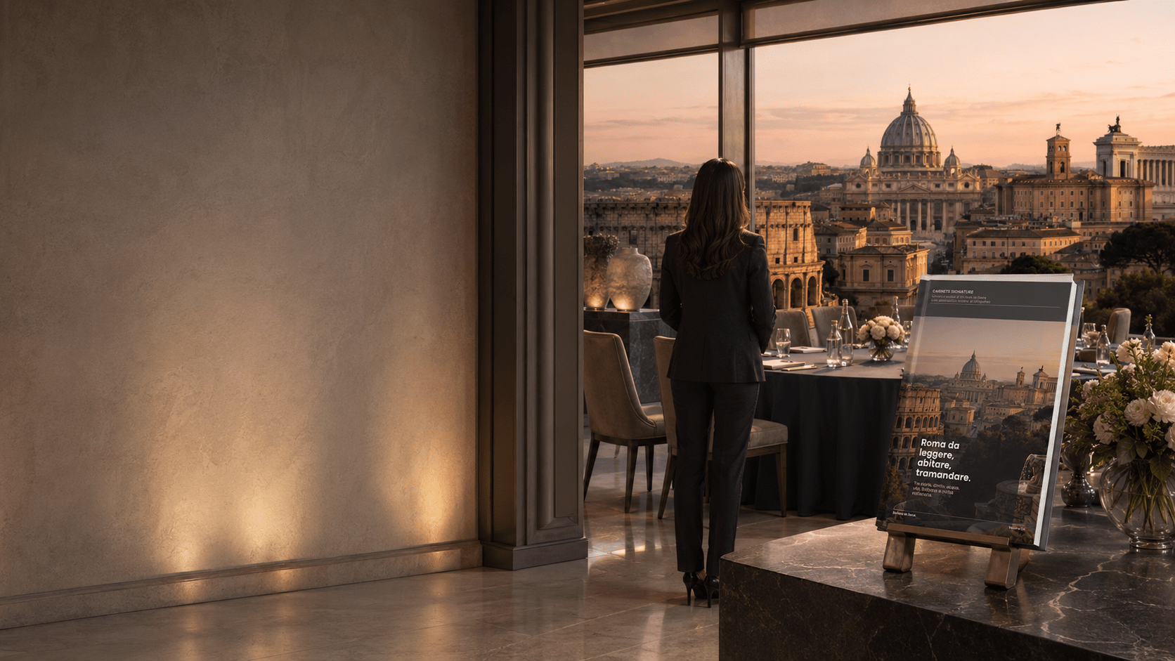 Professionista osserva Roma da una terrazza allestita per un evento, con il Colosseo e San Pietro sullo sfondo
