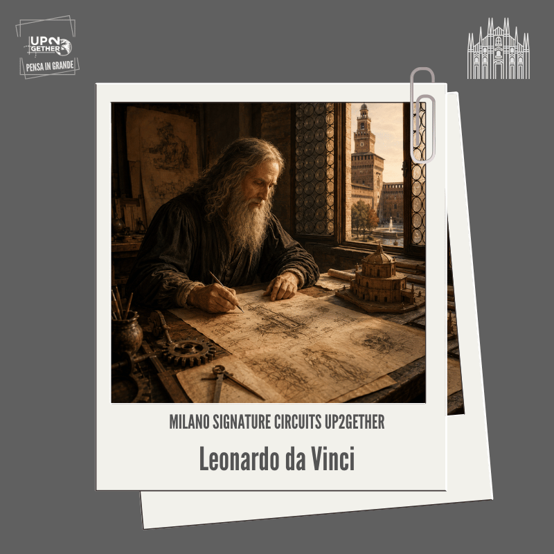 Leonardo da Vinci disegna un progetto nel suo studio con il Castello Sforzesco sullo sfondo su UP2gether di Barbara de Siena