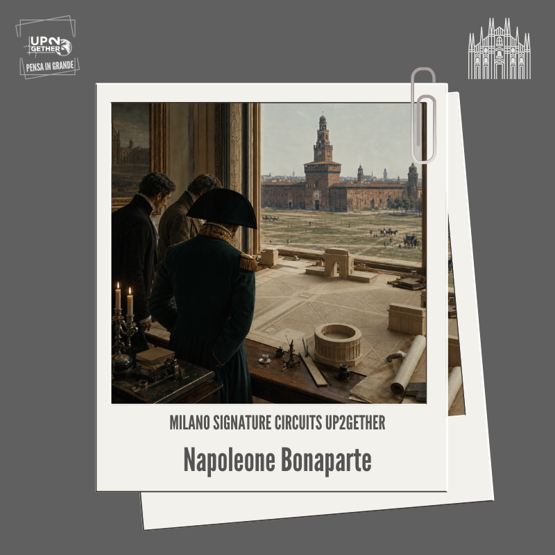 Napoleone di spalle osserva con due architetti il progetto della nuova Milano davanti al Castello Sforzesco su UP2gether di Barbara de Siena