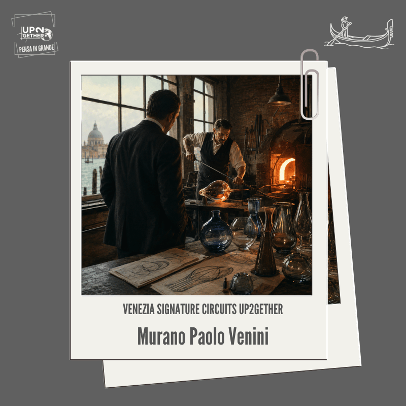 venezia-paolo-venini-vetro-murano-signature-circuit-up2gether Paolo Venini osserva un maestro vetraio mentre lavora il vetro incandescente in una fornace di Murano su UP2gether di Barbara de Siena