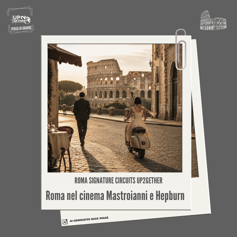 Composizione cinematografica originale ispirata alla Roma di Marcello Mastroianni e Audrey Hepburn, città di incontri, eleganza e immaginario internazionale.