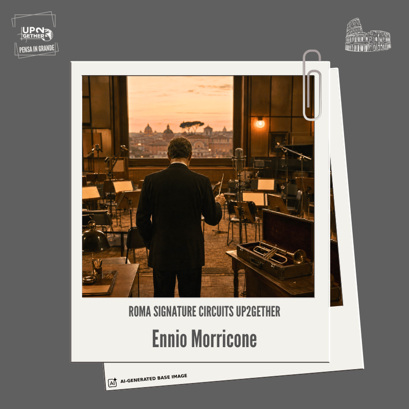 Partitura originale e bacchetta da direttore davanti a un’orchestra e a uno schermo cinematografico, omaggio editoriale alla visione musicale di Ennio Morricone.