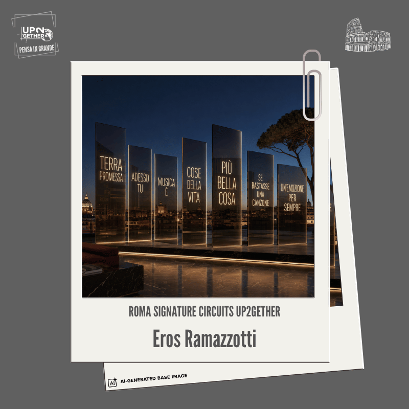 Installazione tipografica contemporanea con titoli di canzoni di Eros Ramazzotti su una terrazza romana, simbolo di musica italiana e connessione internazionale.