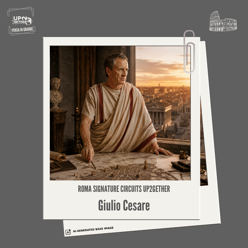 Interpretazione editoriale di Giulio Cesare davanti a una mappa della Roma antica, dedicata a leadership e strategia negli eventi aziendali a Roma.