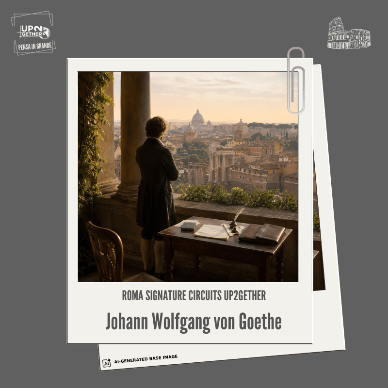 Viaggiatore settecentesco anonimo osserva Roma da una loggia, in una composizione dedicata a Goethe, al Grand Tour e al viaggio come conoscenza.