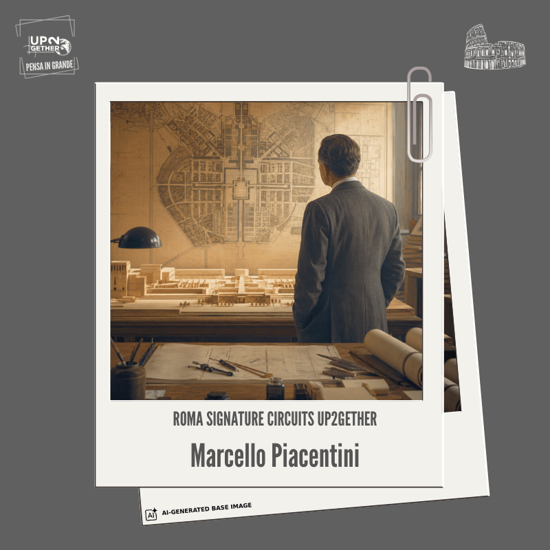 Architetto anonimo osserva un piano urbano della Roma del Novecento, in una composizione dedicata a Marcello Piacentini, allo spazio e alla rappresentanza.