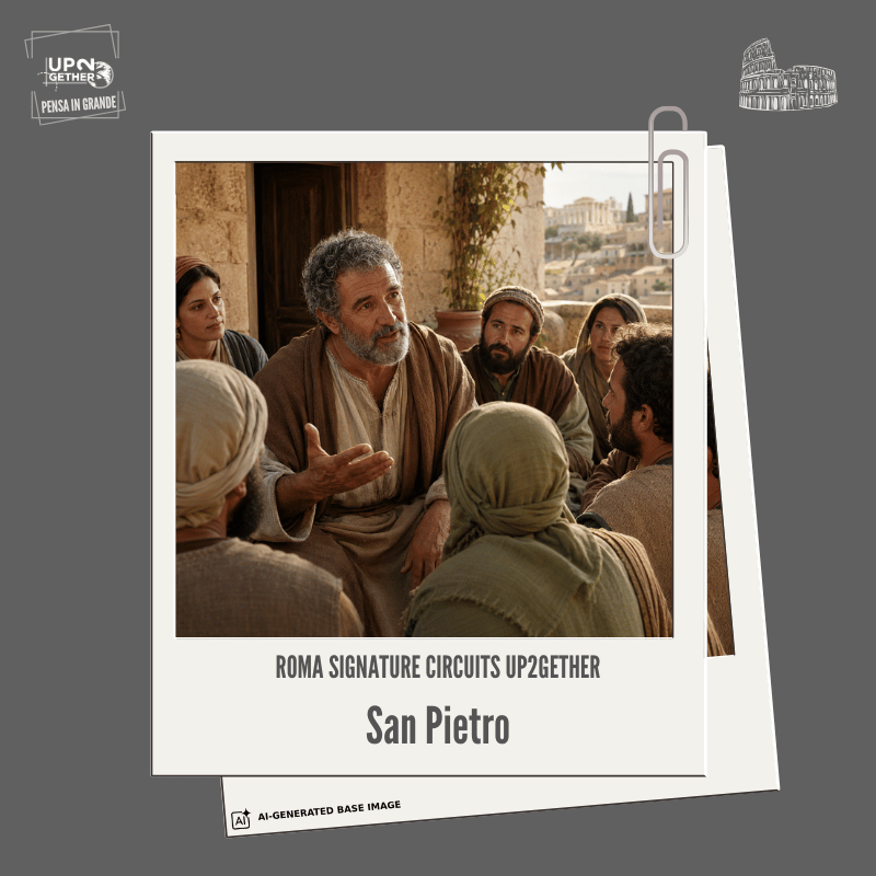 Interpretazione editoriale di San Pietro mentre parla a una comunità nella Roma del I secolo, simbolo di identità, valori e universalità.