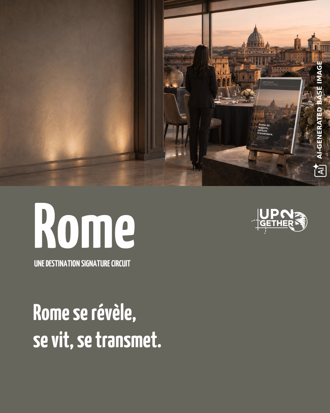 Événement d’entreprise à Rome | Signature Circuit UP2gether Salle élégante aménagée pour un événement d’entreprise à Rome, avec vue sur le château Saint-Ange et le Vatican.